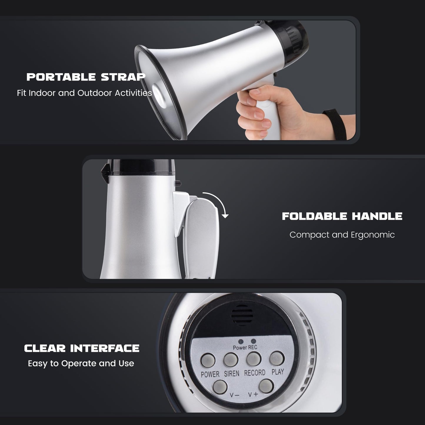 MyMealivos 20W Megaphone Bullhorn, Built in Siren & 240s Recording, 5.4"×8.6" Portable Megaphone with Volume Control Cover Up to 300 feet+ for Indoor and Outdoor Activities(Silver)