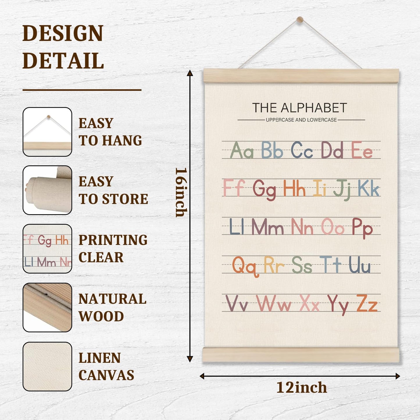 Alphabet Numbers Poster Hanger Frame Set of 2, Preschool Learning Posters, Educational Canvas Wall Art, Nursery Wall, Boho Montessori Classroom Decor, Toddler Room Decor for Boys Girls 16x12 Inch