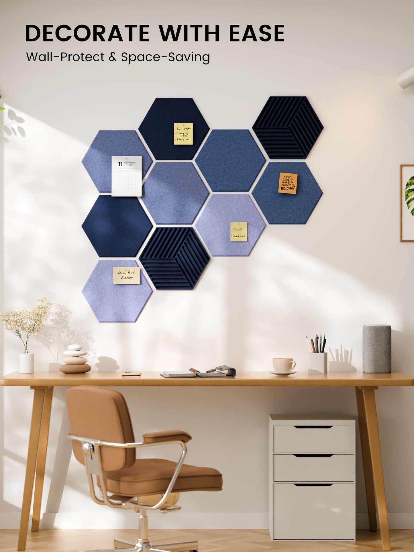 Fluxynara Hexagon Cork Board Alternative for Walls Decor-10-Pack Felt Bulletin Board Tiles,with 30 Pushpins,50 Adhesive Tabs for Office,Classrooms & Home Pin Board Felt Board-Denim Mist