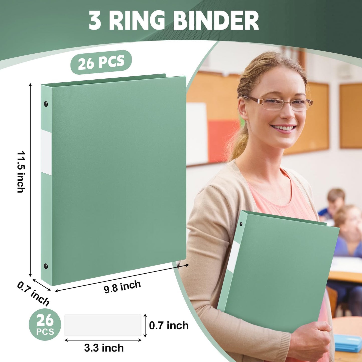 Henoyso 26 Pack 0.5 Inch Plastic 3 Ring Binder Round Ring, Bulk 1/2 Inch Flexible Binders Hold 140 Sheets Letter Size with Pocket, Document Organizer for Back to School Classroom Office (Sage Green)