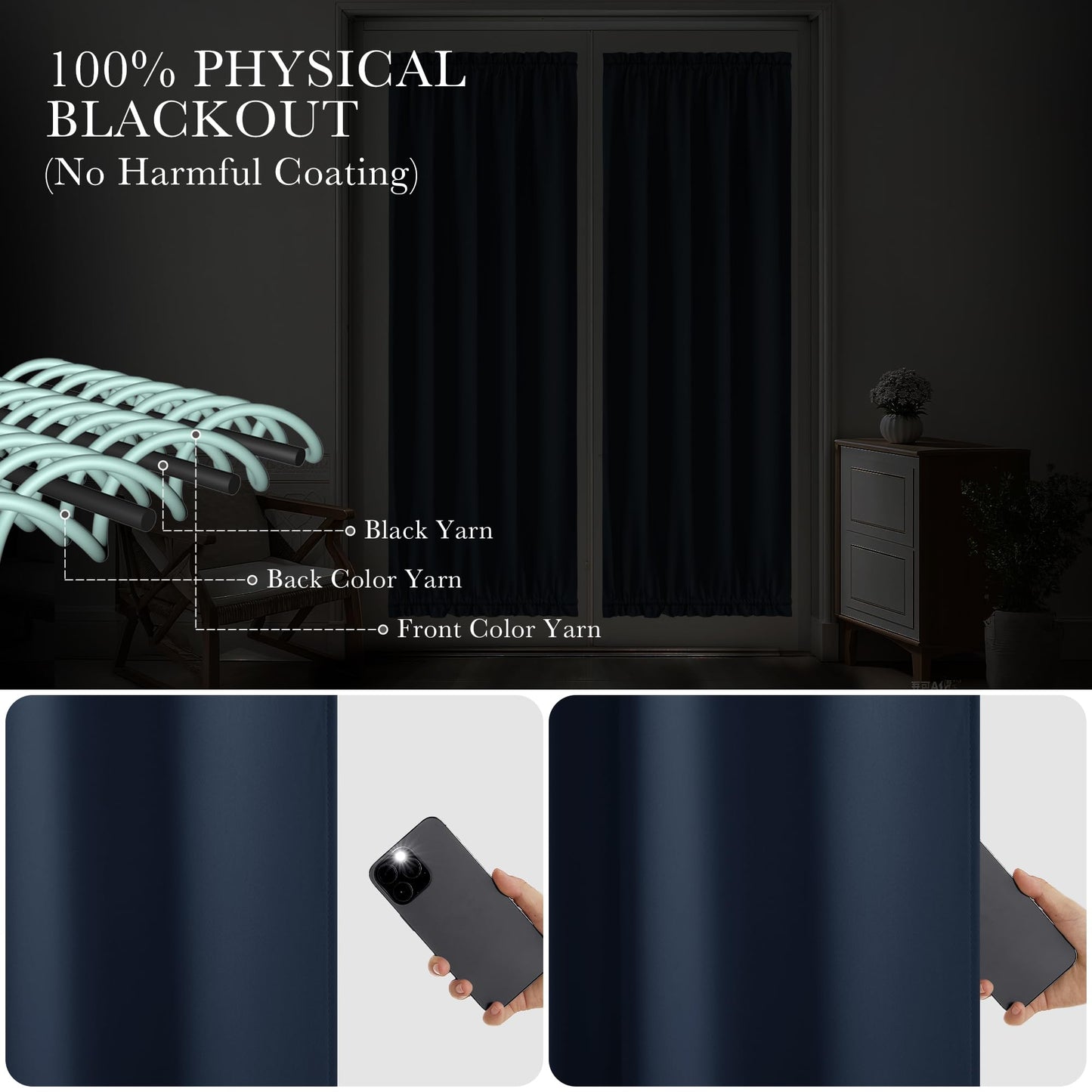 PONY DANCE Navy Blue Back Door Curtains for Door Window, 100% Blackout Dual Rod Pocket Privacy French Curtain for Kitchen, Thermal Insulated Small Window Drapes for Classroom, W25 x L40, 1 Panel