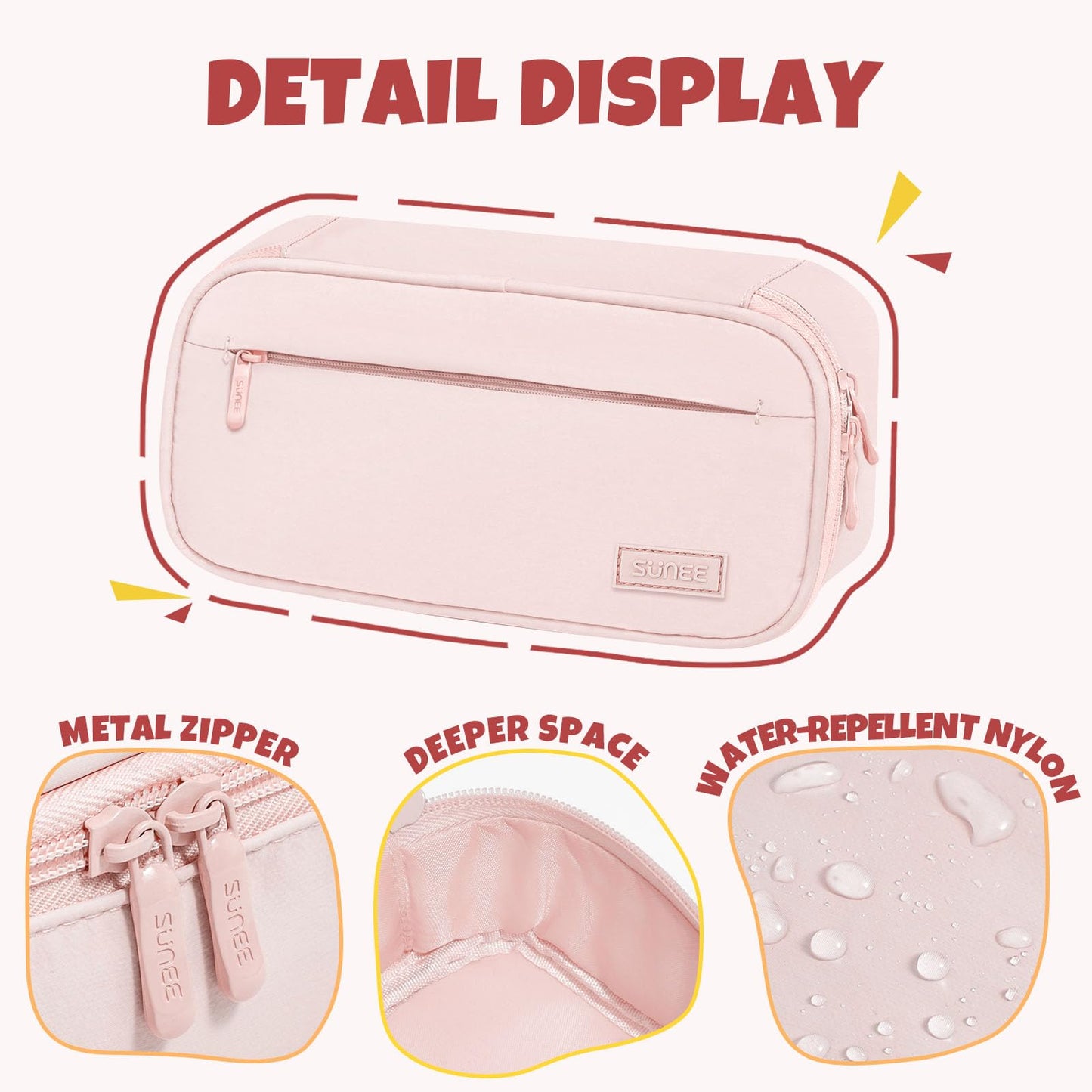 SUNEE Cute Pencil Case, Large Capacity Pencil Pouch, Big Storage Organizer for Stationery, Zipper Pen Bag,Back to School Supplies,Office Water-Repellent Nylon Pencil Bag for Teen Girls Boys,Light Pink