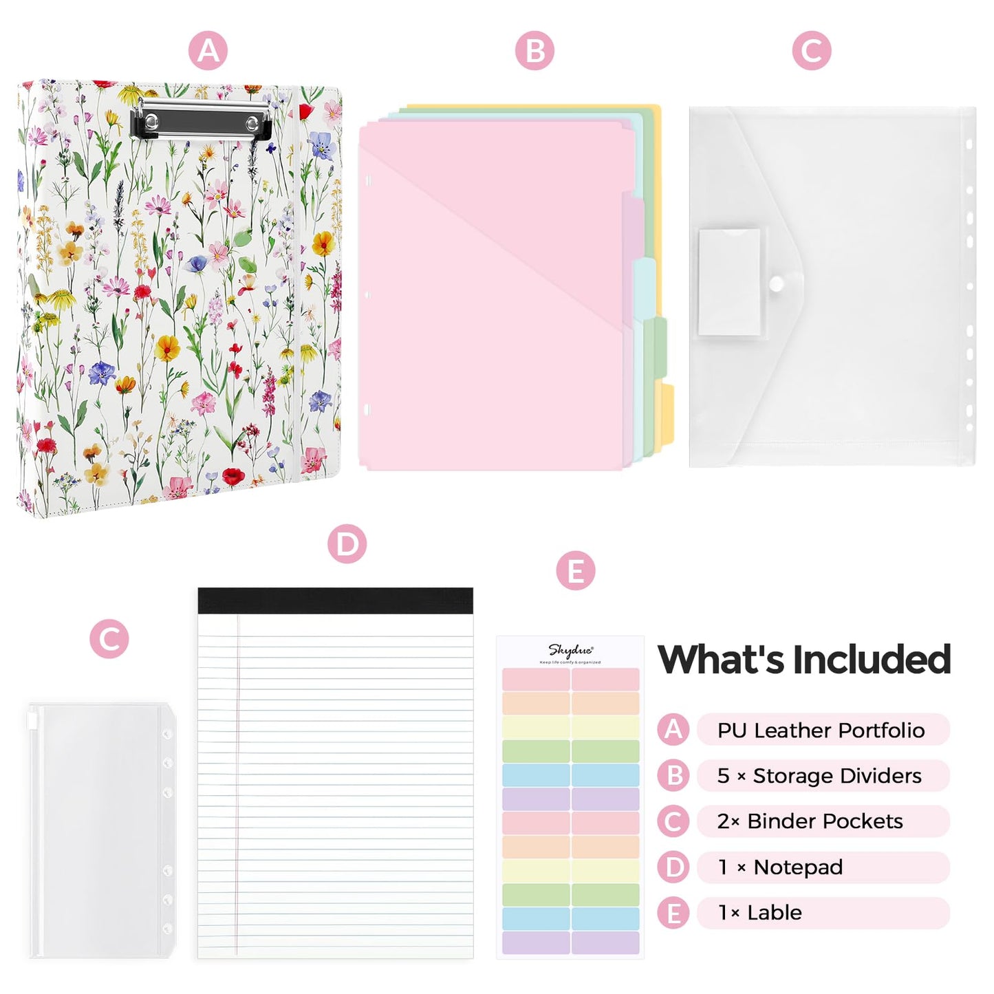 SKYDUE 1 Inch 3-Ring Binder with Clipboard, PU Binder with 5 Dividers, Notepad, Stickers & Pockets for Work and School - Aesthetic Binder (Letter Size)