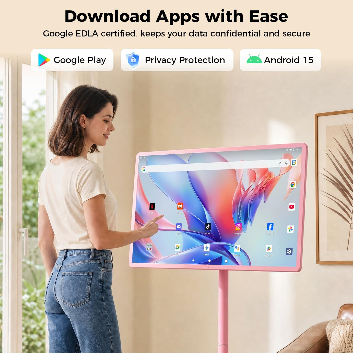 32" Portable Smart TV with Android 15, 1080P Touch Screen Monitor on Wheels, EDLA-Certified, 8GB+128GB Storage, 5MP Camera, 10H Playing Time, Rotatable Display, Wireless Casting, Voice Remote Control