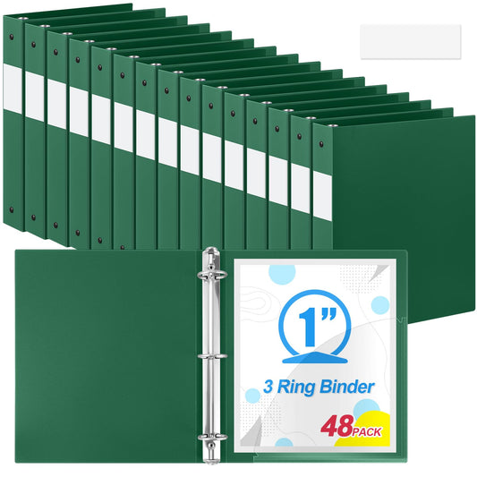 Henoyso 48 Pack 1 Inch 3 Ring Plastic Binders, Bulk Flexible PP Binders for Classroom & School Supplies, Letter Size 8.5 x 11, Holds 240 Sheets with Interior Pocket (Dark Green)