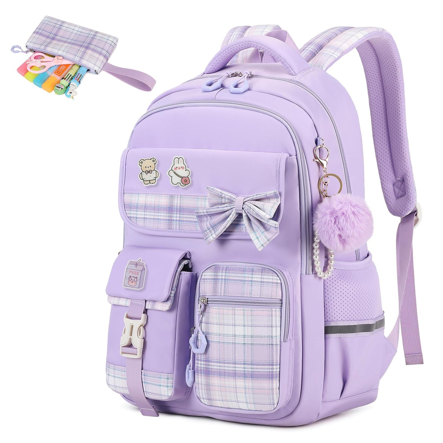 MOONBABY Girls Backpack, Kids Backpack for Girls School Bags with Pen Case, Bow Plaid Book Bag for Elementary Middle Primary High School College, Purple-2pcs