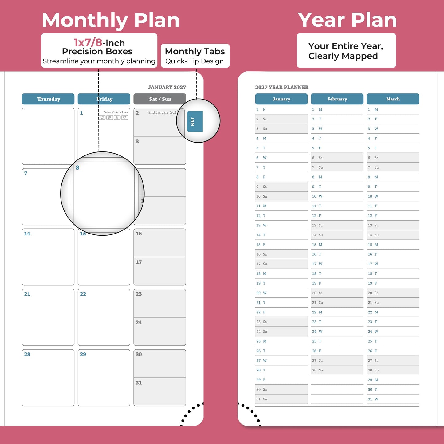 IN-LUXPRO Planner 2026-2027 Daily Weekly and Monthly,6.5"x3.75",18 Months Spiral Bound Calendar Agenda with Self-adhesive Pen Holder,2026 Academic Plan with Vegan Leather Soft Cover,Rose Red