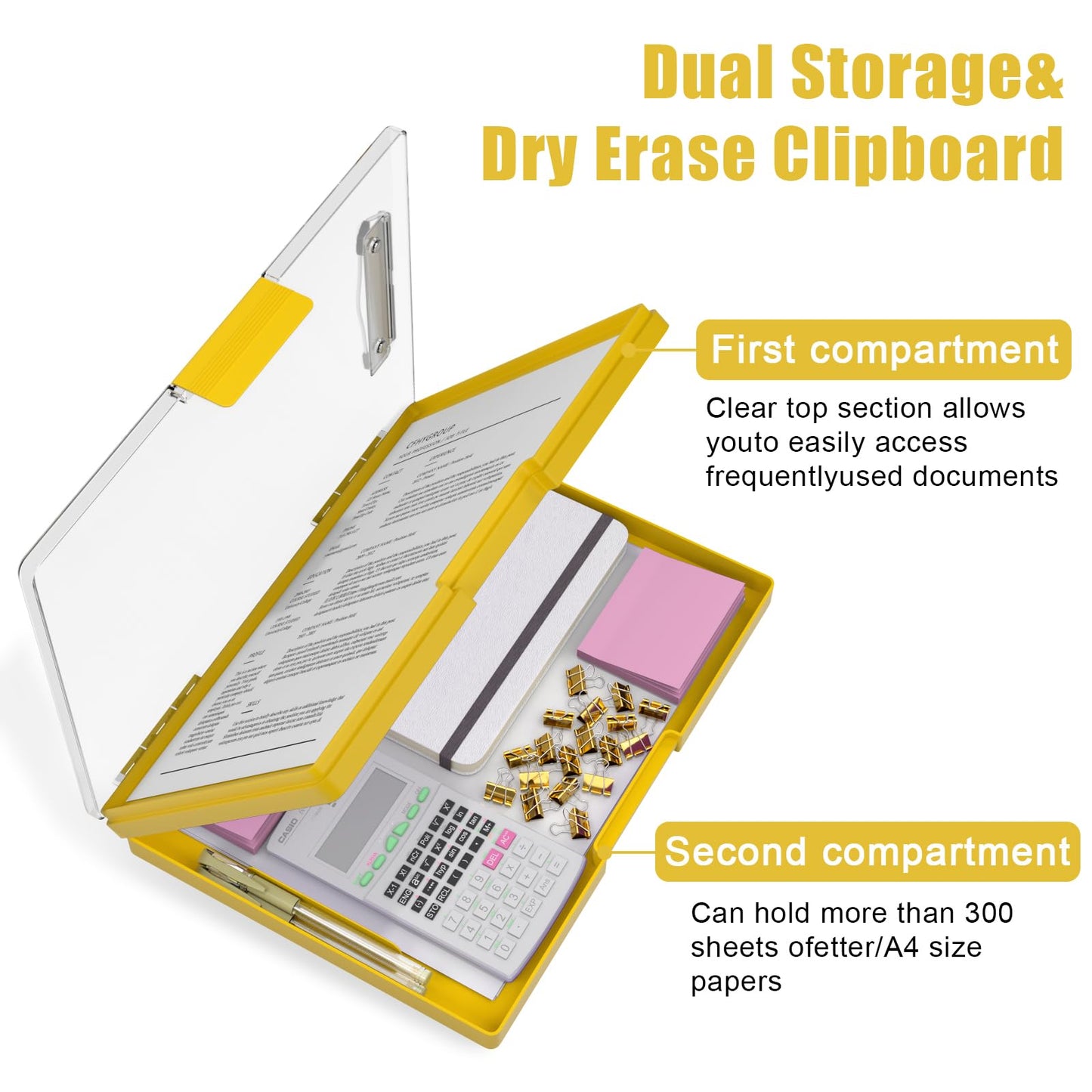 Hongri Clipboard with Storage, Yellow 8.5 x 11 Folder Nursing Side Opening, Heavy Duty with Dual Compartment, Smooth Writing for Teachers, Classroom, Size 13.3 x 9.4 x 1.5 in, Office & School Supplies