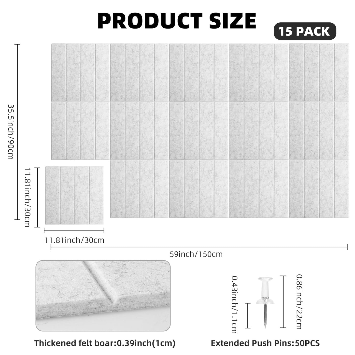 Large Felt Bulletin Board 59" x 35.5" 15 Pack Self-Adhesive Modular Felt Tiles, Cork Board Alternative for Wall, Acoustic Soundproof Panels for Home Office Classroom Decor with 50 Push Pins (Grey)