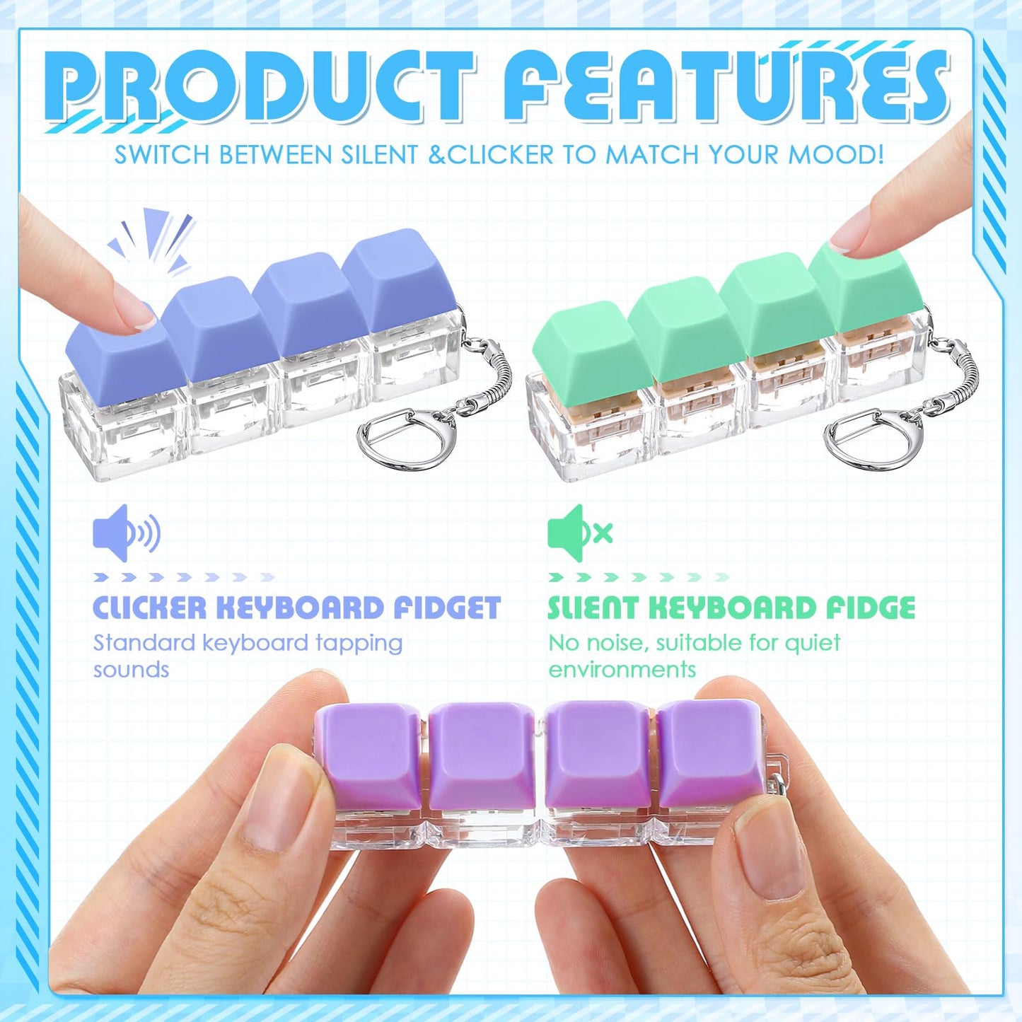 Halloscume 8 Pcs Silent and Click Keyboard Adult Fidget Clicker Toy 4-in-1 Keyboard Fidget Keychain Mechanical Key Button Clicker Stress Relief Gift for Office School Home (Macaron Color)