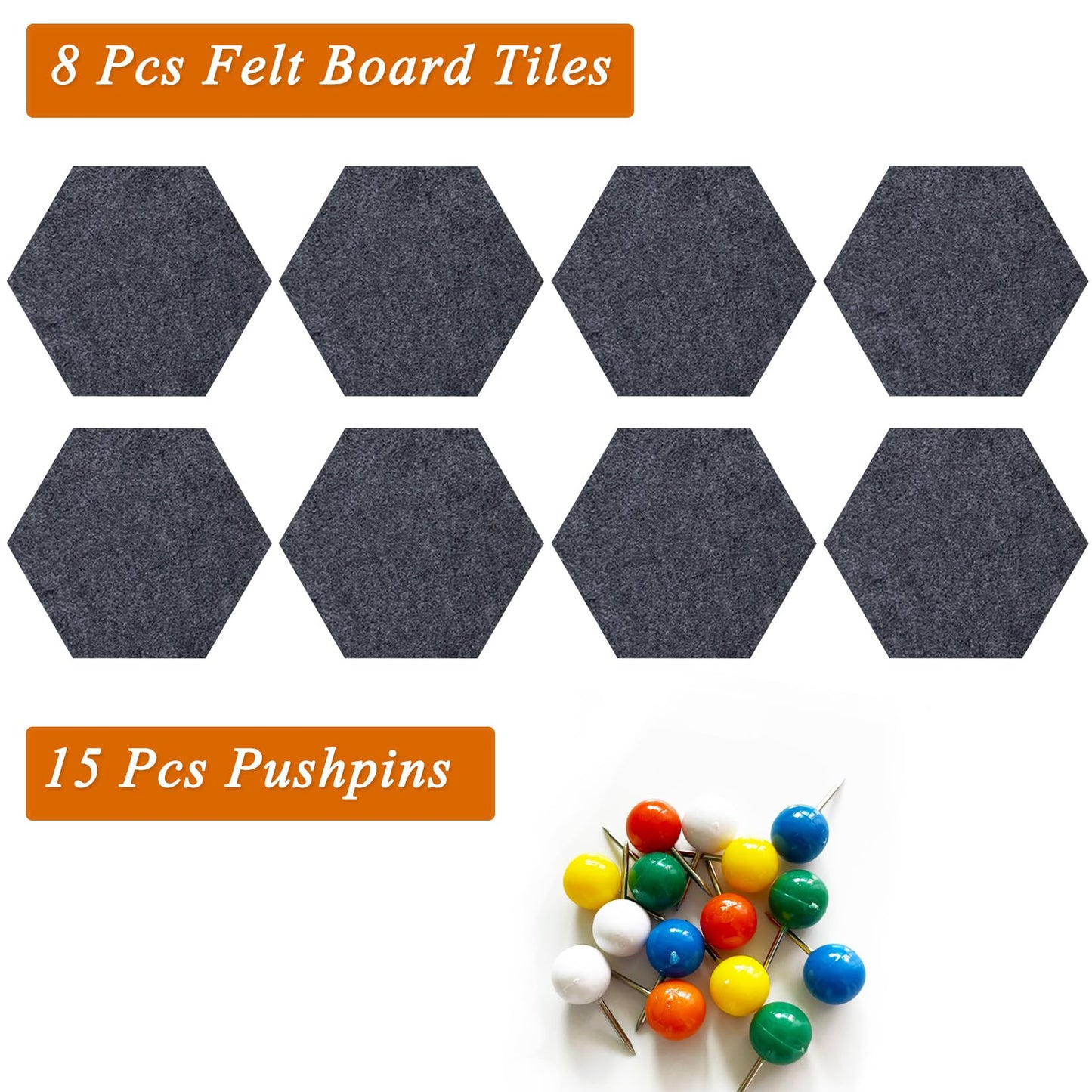 HULAVO 8 Pcs Hexagon Felt Cork Bulletin Board Tiles, Self Adhesive DIY Bulletin Board Pin Board for Office School Home Wall Decor Memos Photos Display(Deep Grey)