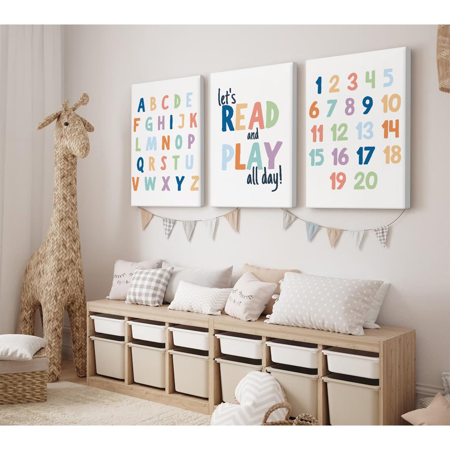 Kids Playroom Wall Art Decor Alphabet Poster Play Room Canvas Wall Decor ABC Nursery Wall Art 123 Toddler Poster Let's Read for Boy Girl Room 12x16 Inch Framed Set of 3