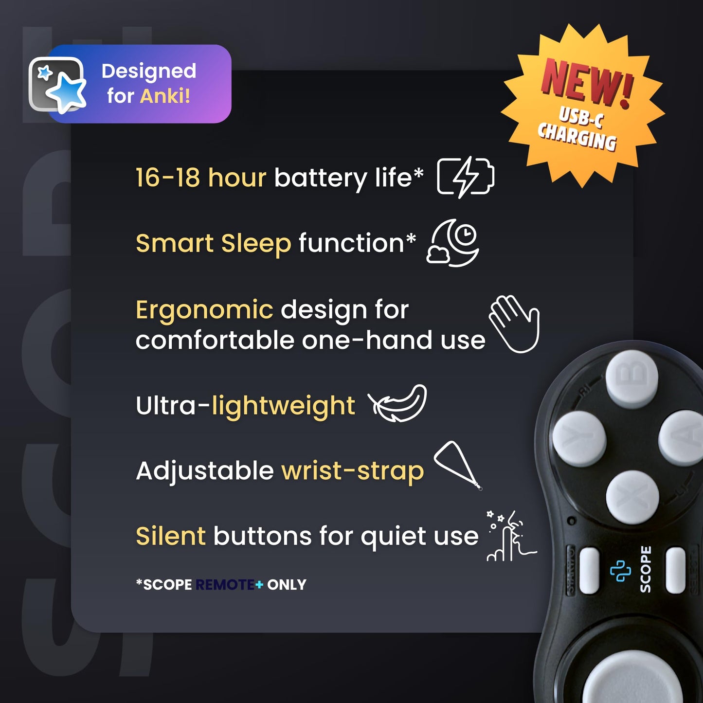 Scope Remote- Remote for Anki. Customizable with Anki Add-on, Compatible with Windows, Mac, iOS, iPad, and Android. Quizlet Compatible, Anki Controller. Midnight Black, Plus (16-18 Hours Battery)