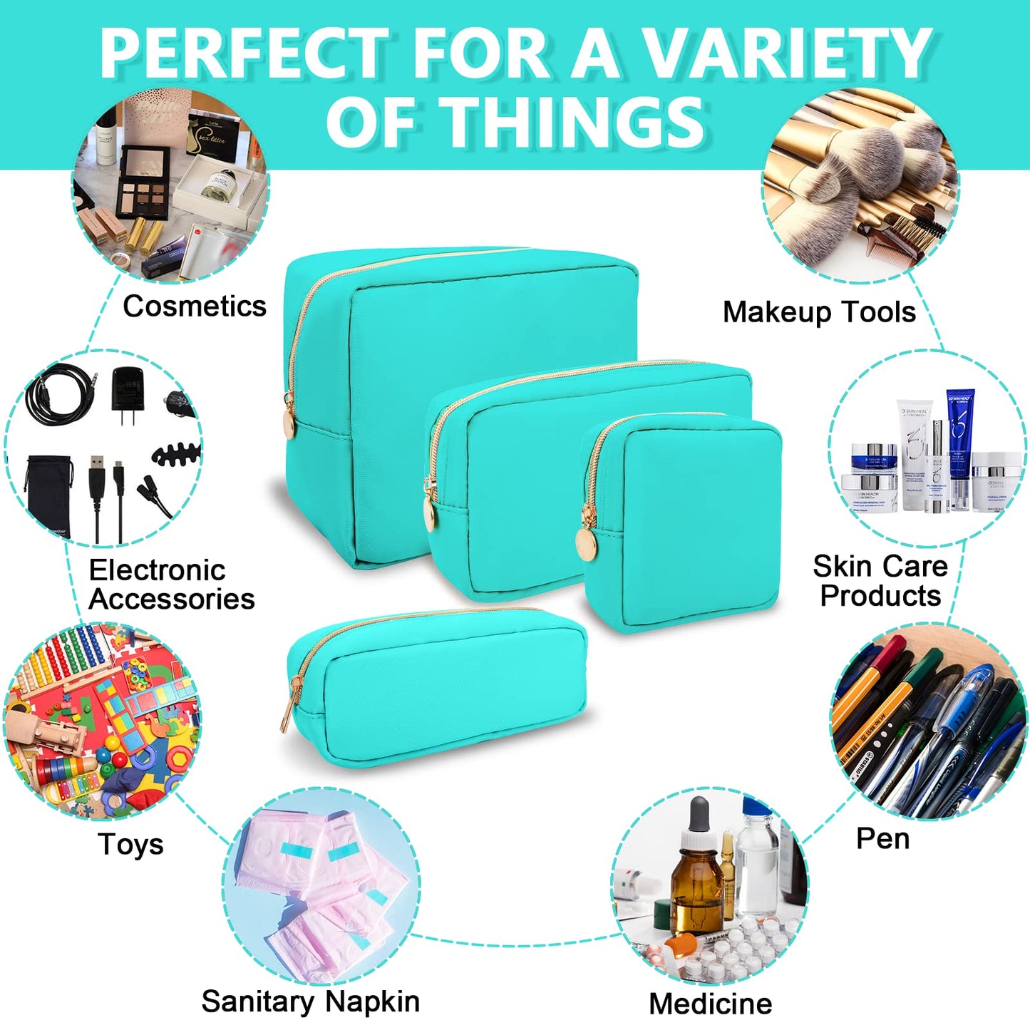 UIXIZQ Small Makeup Pouch for Purse, Nylon Travel Toiletry Storage Pouch Cute Preppy Cosmetic Bag for Women Girls, Waterproof Makeup Organizer Skincare Bag Purse with Zipper (Small-Cotton Candy)