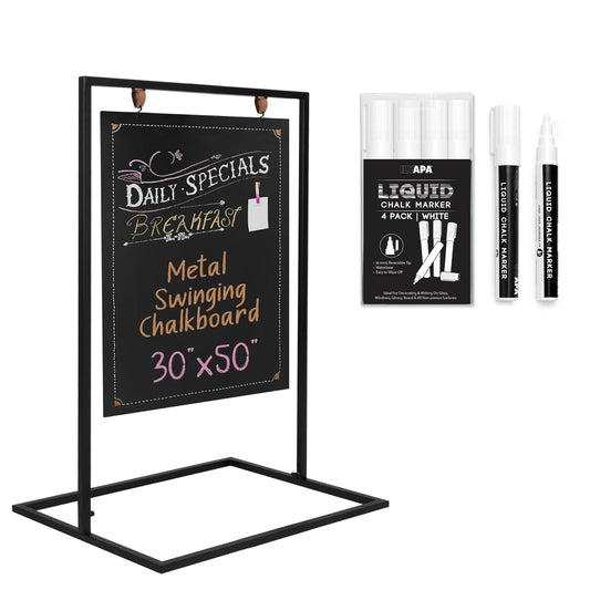 Ilyapa 30x50 Inch Magnetic Double-Sided Swinging Sidewalk Chalkboard Sign Bundle with 4-Pack Erasable Liquid Chalk Markers