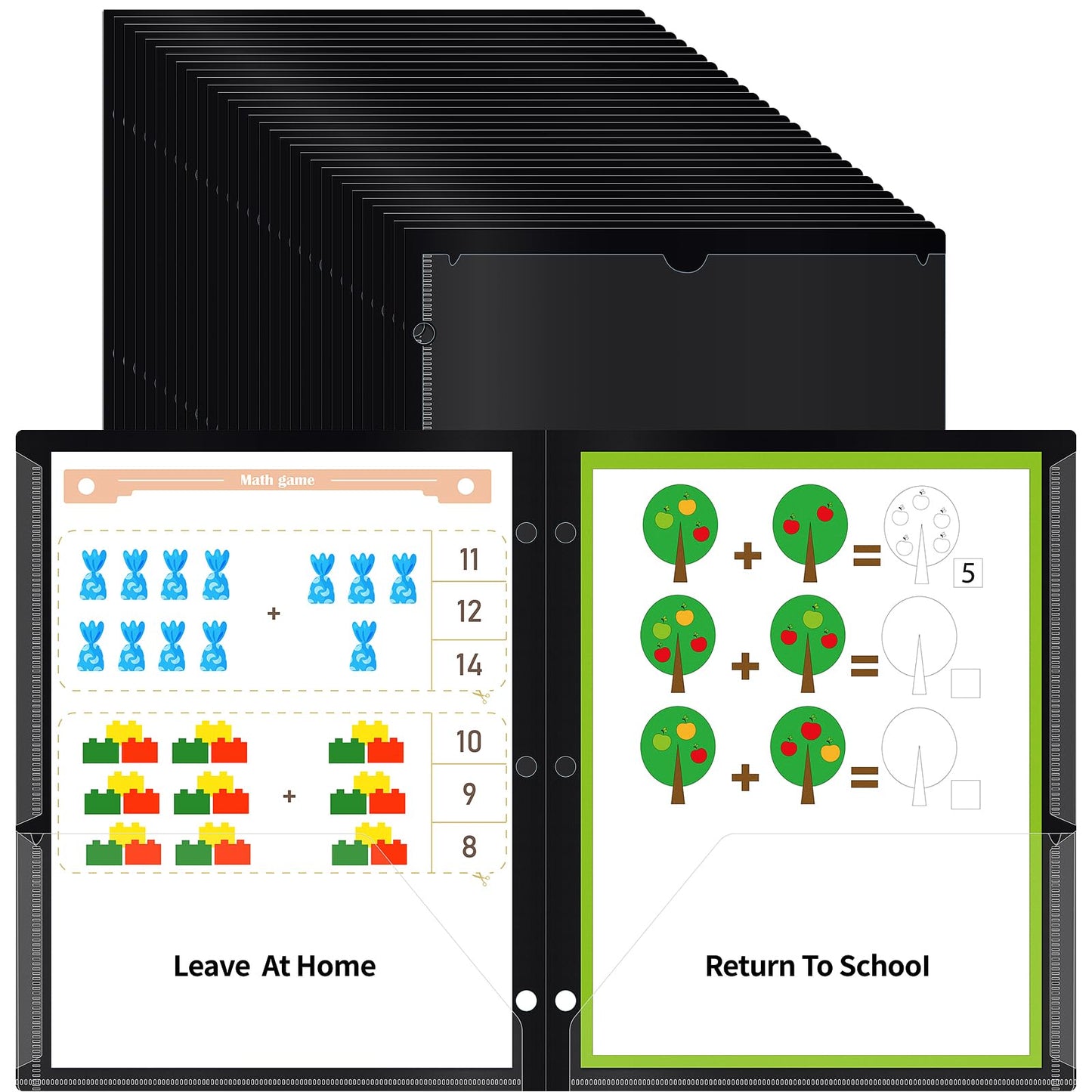 30 Pcs 3 Hole Punch Parent Teacher Communication Folders with Clear Front Pockets for 3 Ring Binders, 2 Pockets Homework Take Home Plastic Folders Classroom Folder for Kid Student ﻿ (30, Black)