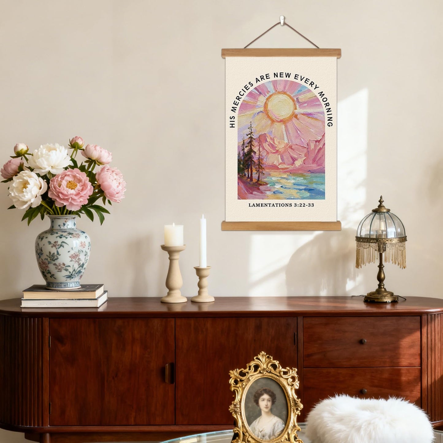 KAIRNE Christian Wall Decor,Inspirational Scripture Wall Art,Bible Verses Canvas Poster,Framed Abstract Religious Prints,Pink Mountain Landscape Paintings For Home Ling Room Bedroom Church Decoration