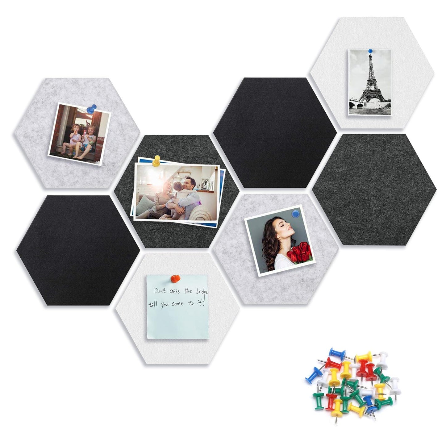 8 Packs Black White Gray Hexagon Felt Pin Board, 12" Bulletin Board with 30 Push Pins, Felt Board for Home Kitchen Office Decor, Self-Adhesive Corkboard Tiles for Walls School Message Photos Memos
