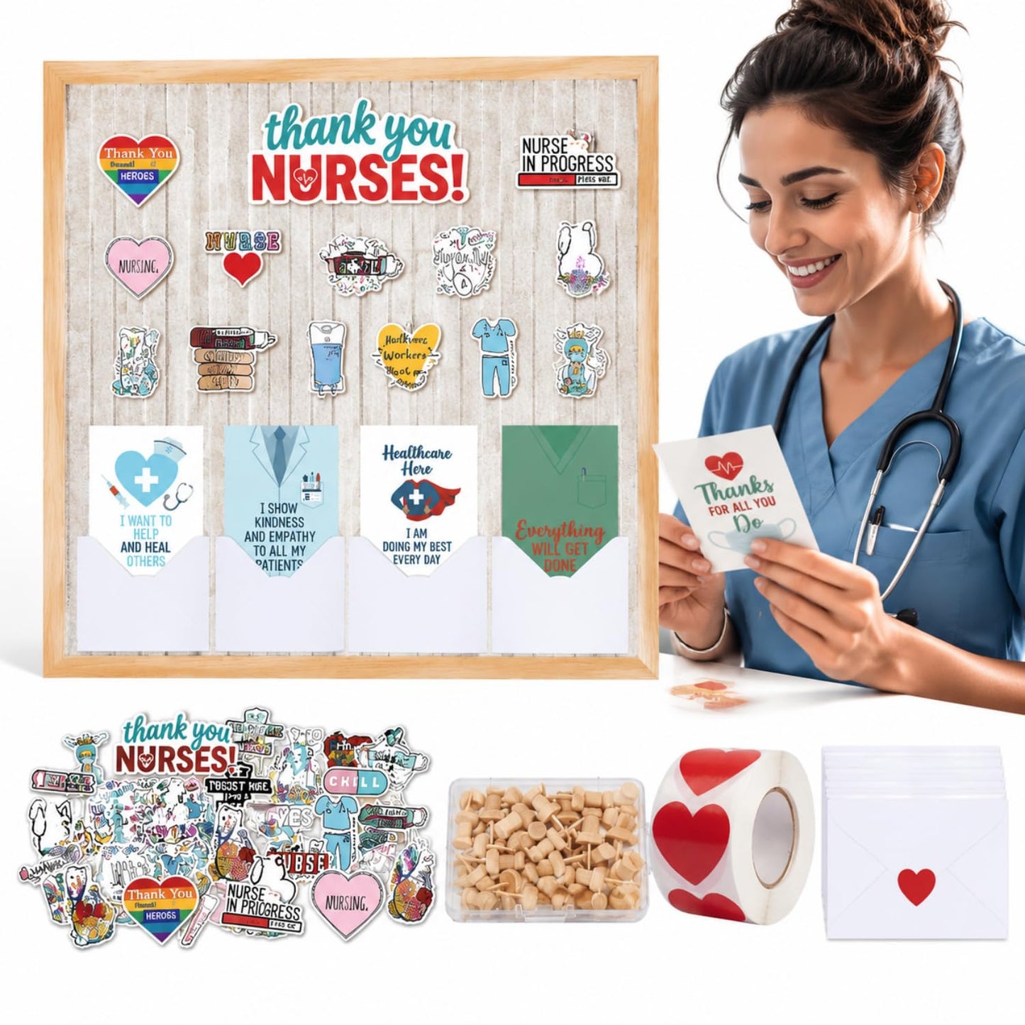 Nuanchu Nurse Week Decorations Kit for Hospital & Graduation 612 PCS Appreciation Felt Bulletin Board, Nurse Thank You Cards, Stickers & Pushpins Party & Appreciation Wall Display, 47.2" x 35.4"