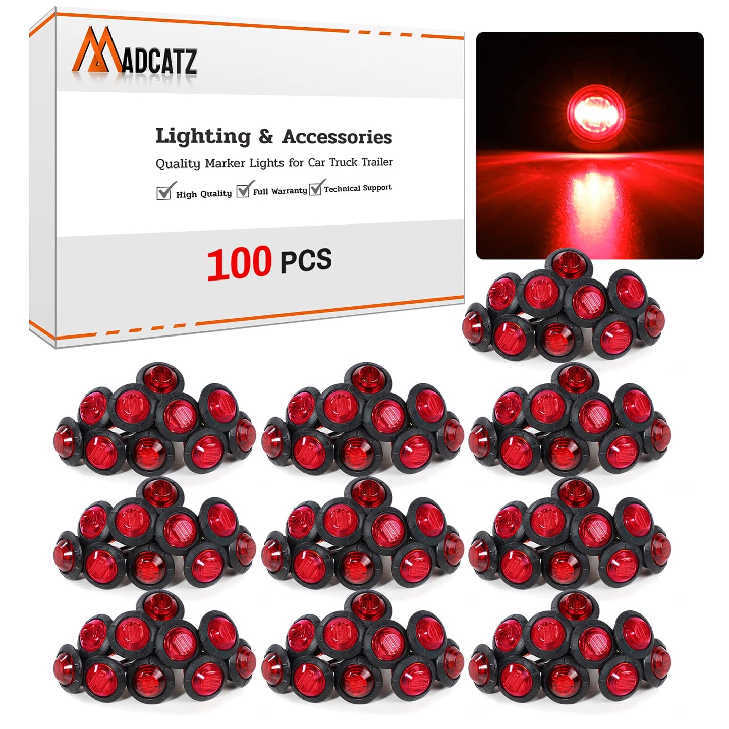 MADCATZ 100Pcs 3/4 Inch Red LED Marker Lights, Polycarbonate, Model MC-100-3LED-R