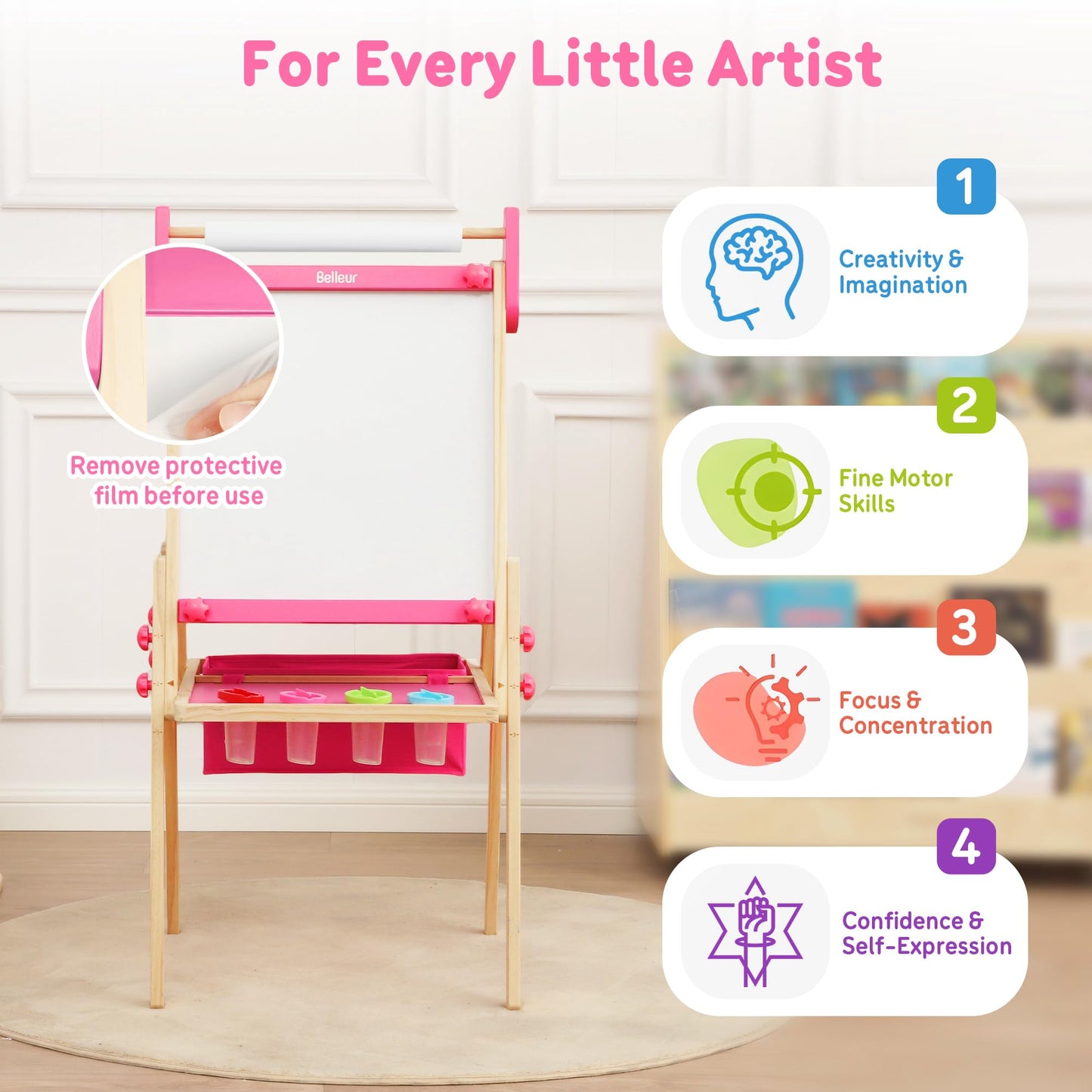 Belleur All-in-One Art Easel for Kids, Adjustable Double Sided Easel for Toddlers with Magnetic Whiteboard & Dry-Erase Chalk Board & Paper Roll, Child Painting Easel for Kid 2-8 Birthday Gift - Pink