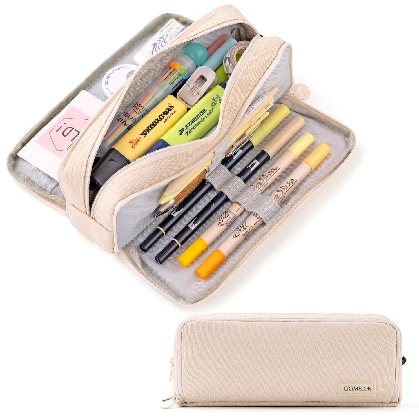 CICIMELON Large Capacity Pencil Case 3 Compartment Pouch Pen Bag for School Teen Girl Boy Men Women (Beige)
