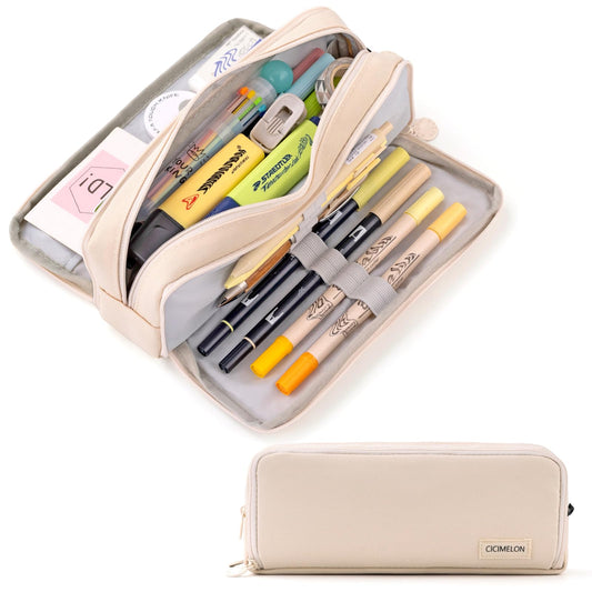 CICIMELON Large Capacity Pencil Case 3 Compartment Pouch Pen Bag for School Teen Girl Boy Men Women (Beige)