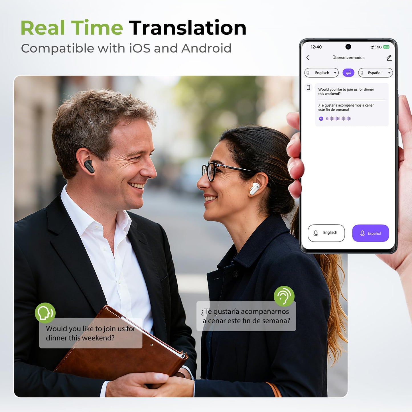 NE20 Earbuds, 2025 New NE20 AI Translation Earbuds in Real Time, Language Translator Headphones with LCD Touch Screen Audifonos Traductores Inglés Español Support 140 Languages for Travel White