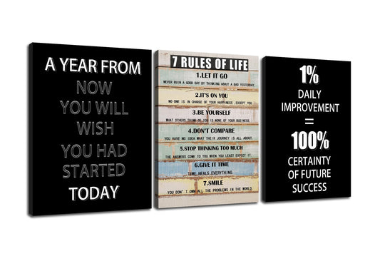 PSYYSP Motivational Wall Art 7 Rules of Life Canvas Print Framed Inspirational Quotes Poster for Office Home Gym Success Action Discipline Decor Modern Black White Artwork 36x16