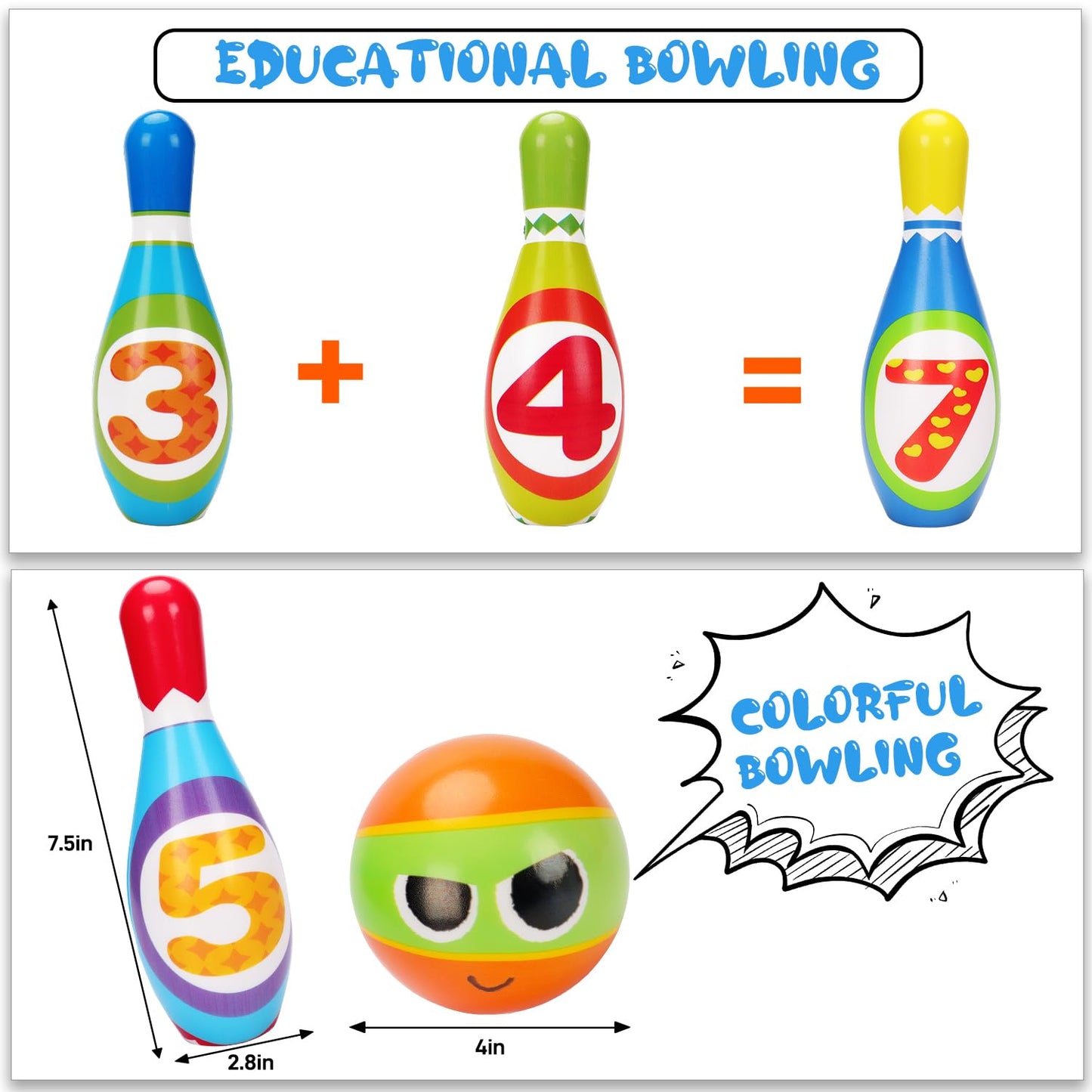 Kids Bowling Toy Set 2-5, Toddler Indoor Outdoor Activity Play Game Toys for 2 3 4 Year Old Boy Girl, Soft 10 Foam Bowling Pins & 2 Balls, Educational Children Birthday Party Gifts Ages 1-3 2-4 3-5
