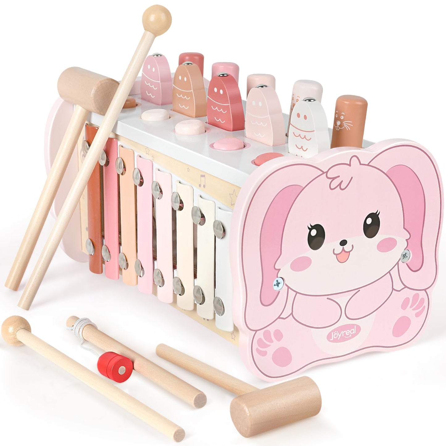 Joyreal Montessori Toys for 1 Year Old Girl Gift - Pink Wooden Hammering Pounding Toy with Xylophone & Fishing Game - Toddler Learning Activities for Kids 1+ 2 3 Year Old Christmas Birthday Gifts