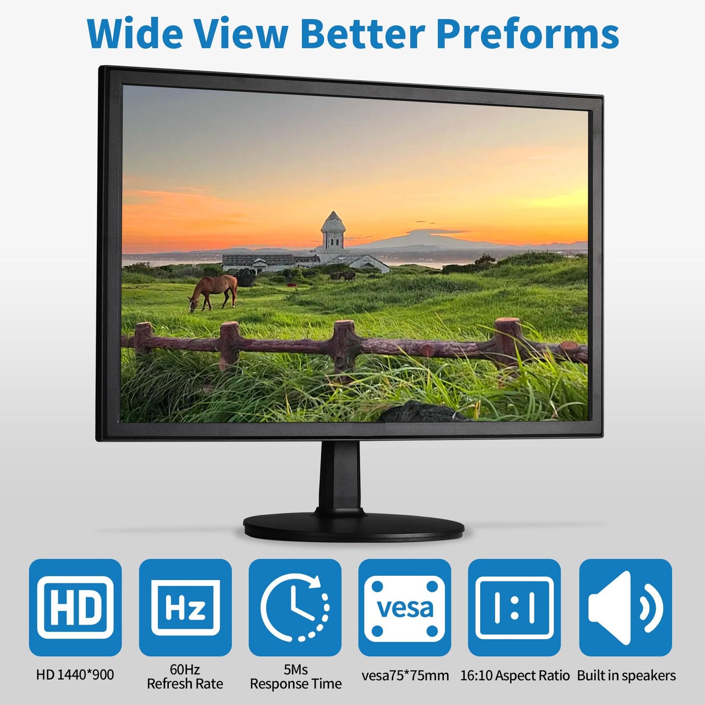 Insykktrkig 19" 1440x900 PC Monitor Office Monitor HDMI VGA LED Desktop Display Dual Speakers,60Hz,5ms,VESA Mounting,Wide Viewing Angle 170°,Brightness 300cd/m²,Tilt Adjust,Business Computer Screen