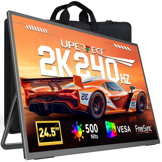 UPERFECT 2K 240Hz Portable Monitor, 24.5″ QHD 2560×1440 Portable Gaming Monitor, 0.1ms, 500 Nits, HDR, HDMI 2.1 & DP 1.4 with Stand & VESA Second Screen for Laptop, PC, Phone & Game Console