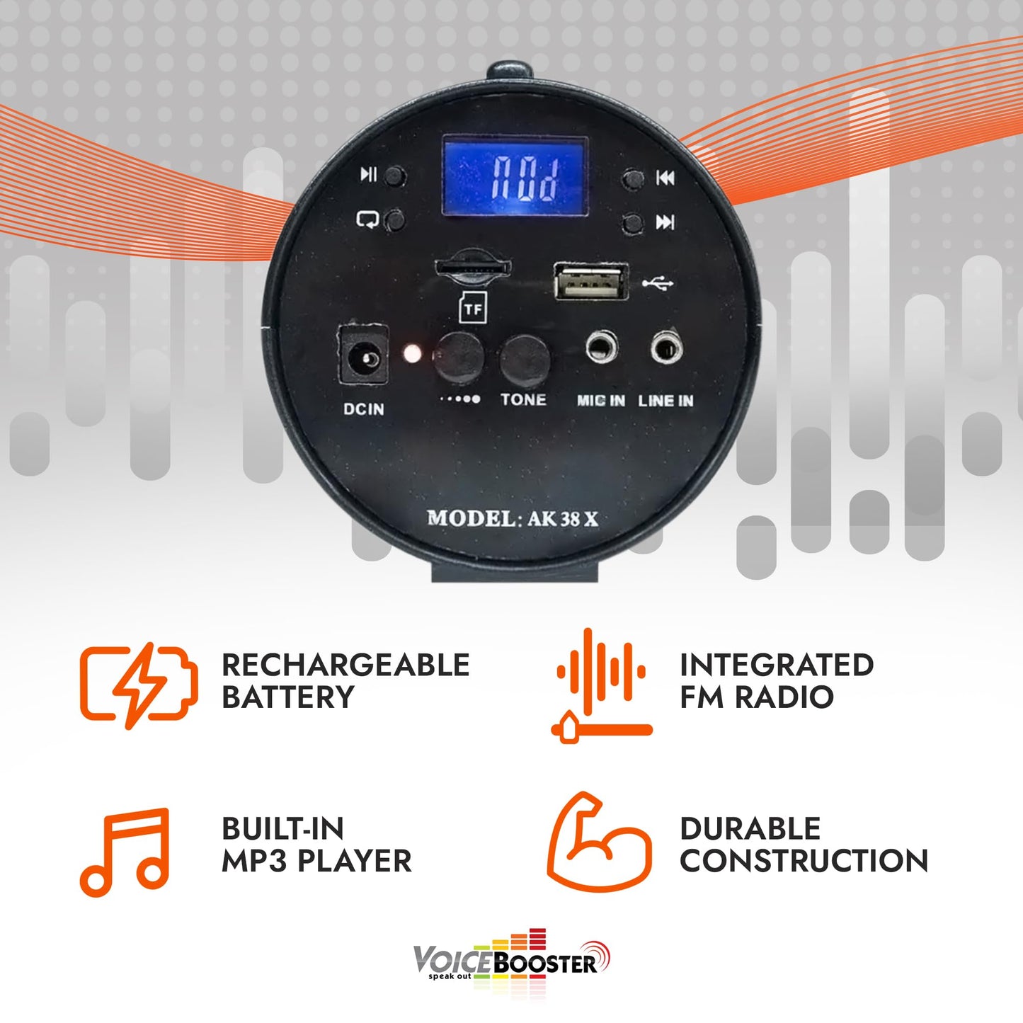 VoiceBooster Portable Voice Amplifier for Teachers - 25W Rechargeable Portable Speaker with Microphone Headset for Classroom, Tour Guide, Public Speaking, Built-in MP3 Player & FM Radio - MR-AK38