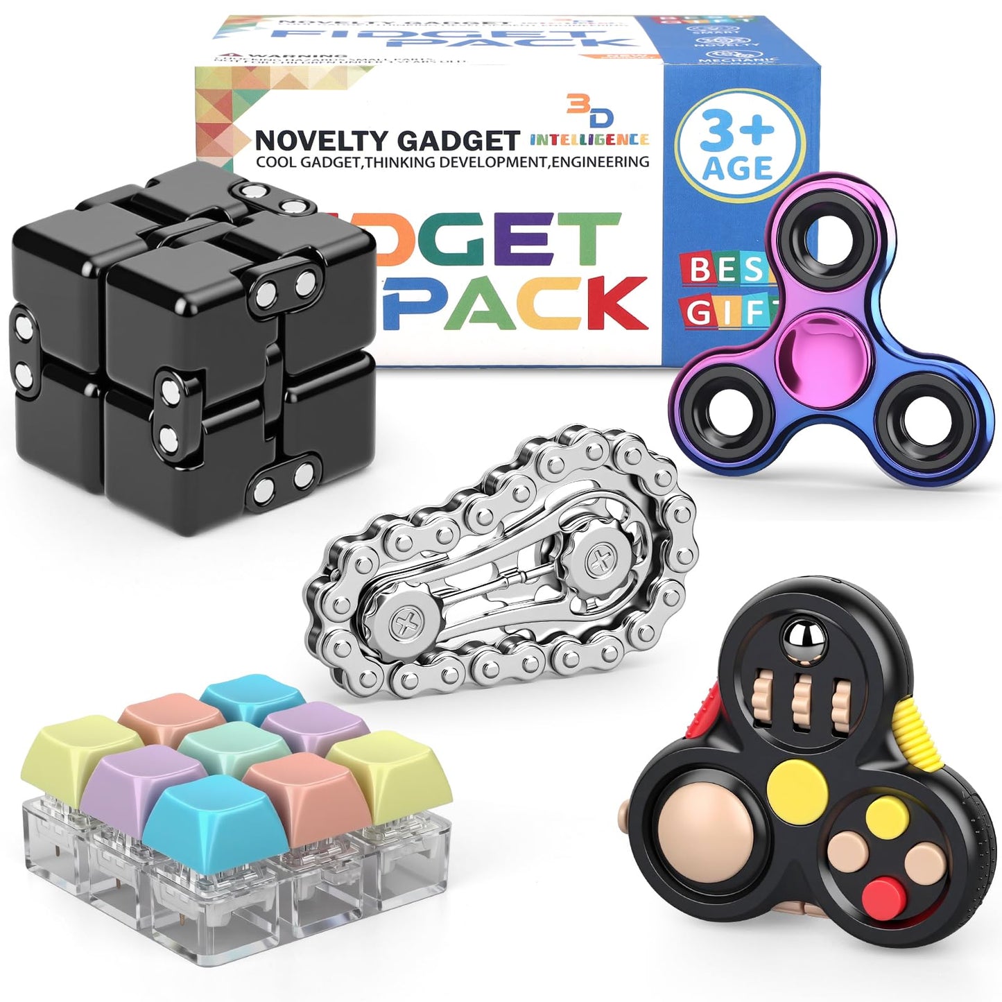 Fidget Toys Set for Adults, Sensory Pack with Fidget Spinner, Robot Spinner, Fidget Cube, Keyboard Clicker Toy, Fidget Pad, Stress Relief Desk Gadget for Office, Birthday Gift Set