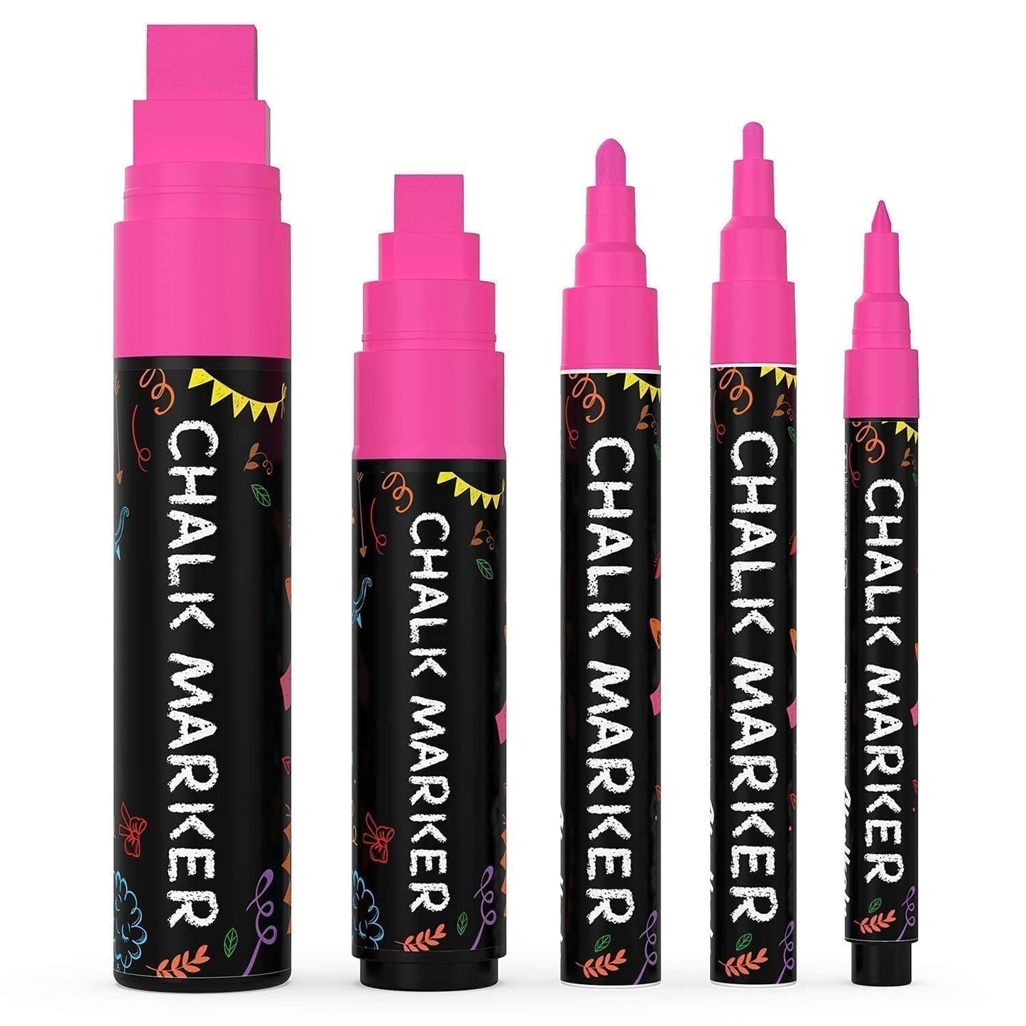 5 Pink Chalkboard Chalk Markers - Pink Dry Erase Markers for Blackboard, Chalkboard Signs, Windows, Glass | Variety Pack - Fine & Jumbo Size Ink Pen (1mm, 3mm, 6mm, 10mm, 15mm)