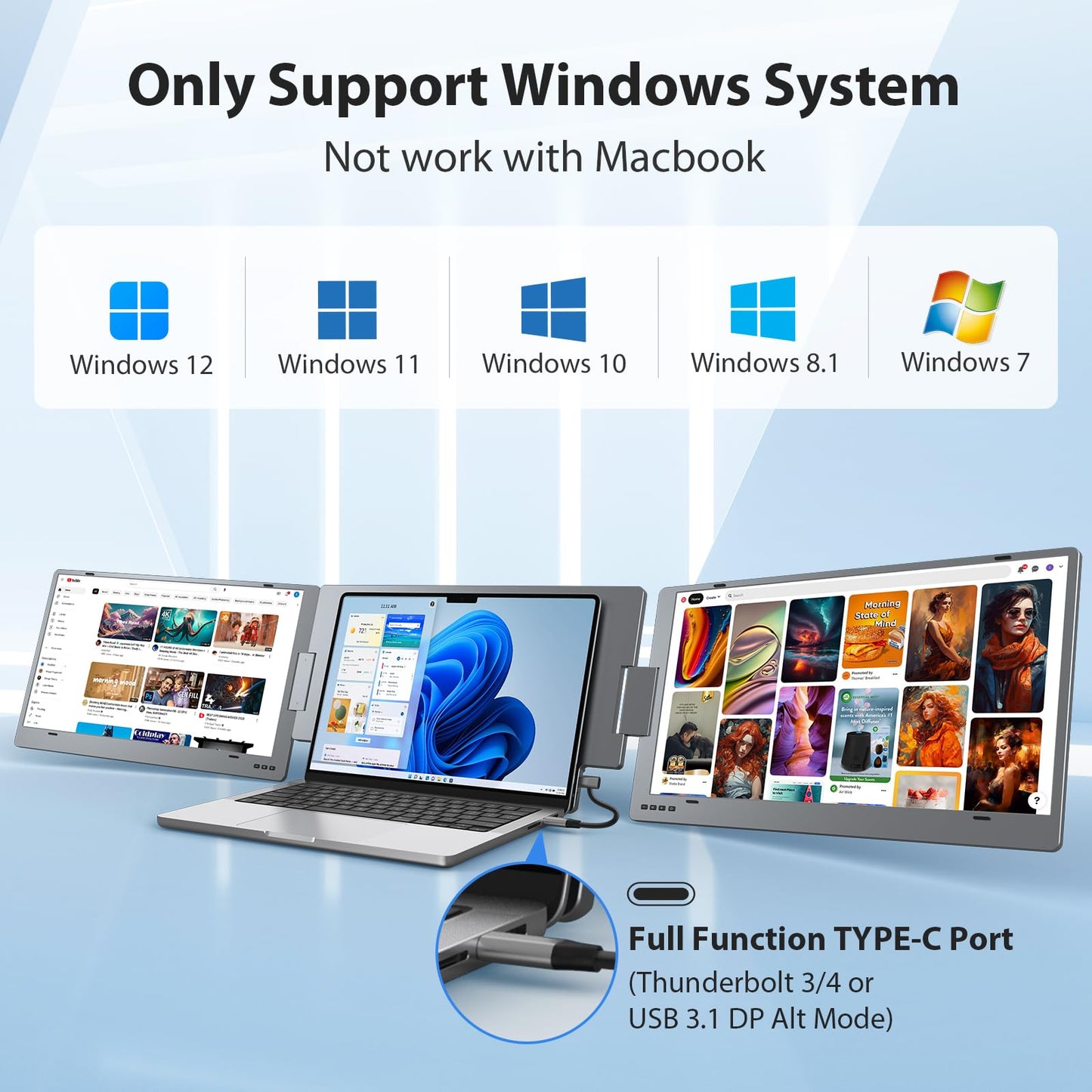 KYY Triple Laptop Screen Extender, 15.6" 1080P FHD IPS Dual Portable Extended Monitor, USB C Travel Display for 12-17'' Laptop, 210°Rotation & Kickstand, Plug and Play (Windows Only)