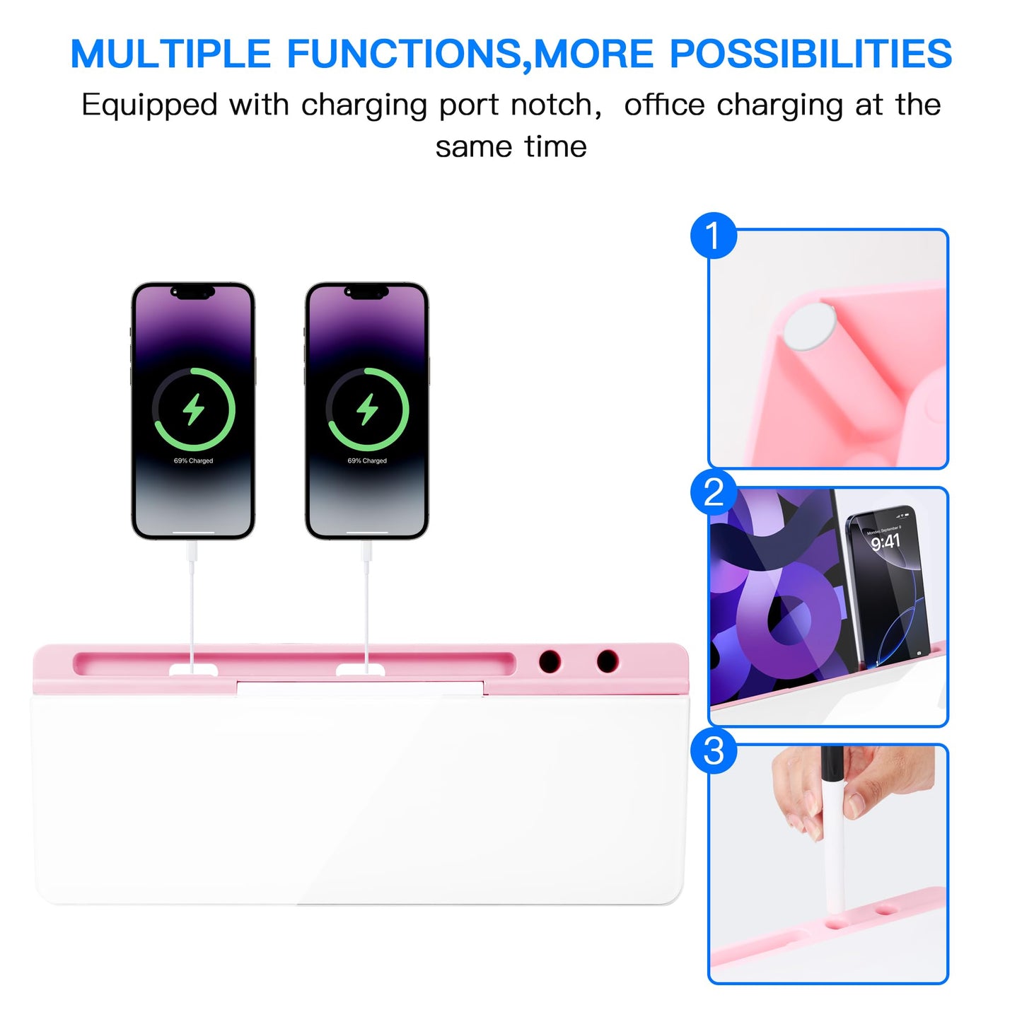 KVY Pink Desk Whiteboard with Storage,Desktop Glass Dry Erase White Board Organizers Supplies with Accessories for Women.Office, Home, School Essentials