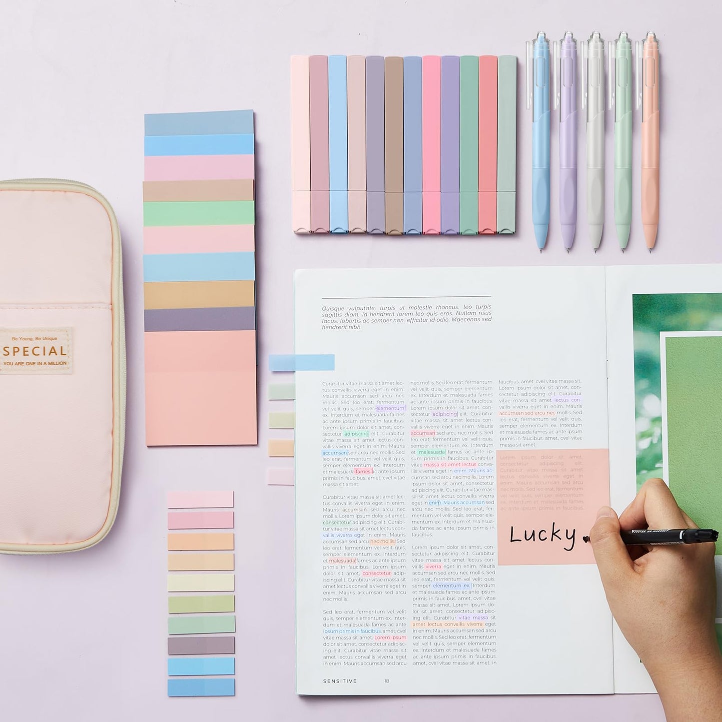 Jutom 39 Pcs Aesthetic Book Annotation Kit Highlighter with Case Bag Gel Pen Transparent Sticky Note Taking Bible Supplies(Pink,Cute Style)