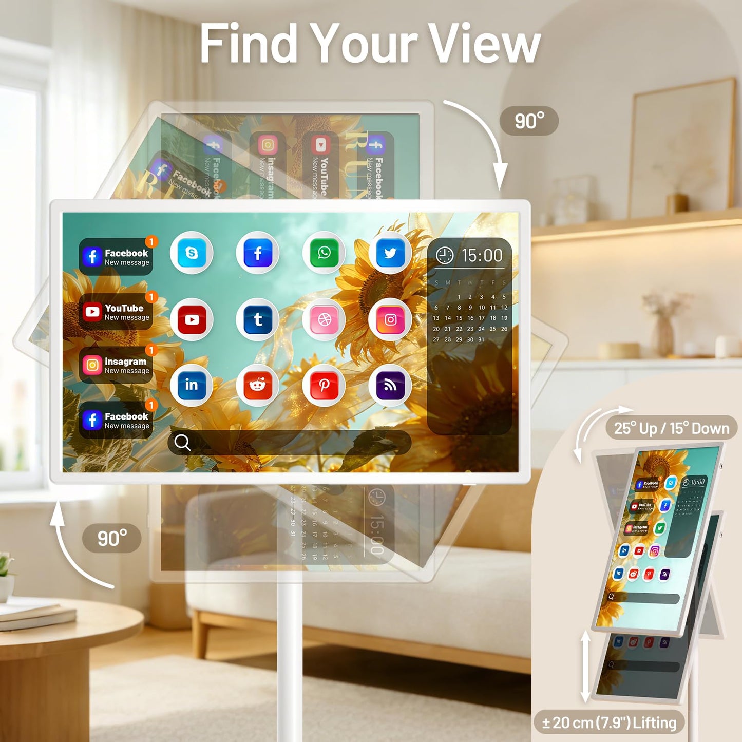 KEFEYA 32-Inch Portable Smart TV, Rolling TV on Wheels, Android 15 OS, 8G RAM + 128G Storage, 1080P Full HD Touch Screen Monitor, 6–8 Hour Built‑in Battery, Full Swivel Rotation, Voice Remote Control