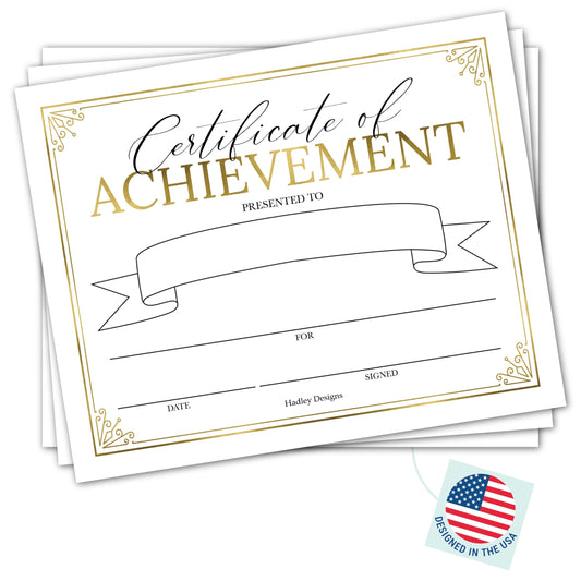 Certificate of Achievement Awards -25 Bulk Award Certificates for Students & Employee of the Month, Gold Certificate Paper, Superlative Academic Excellence End of School Certificates of Completion