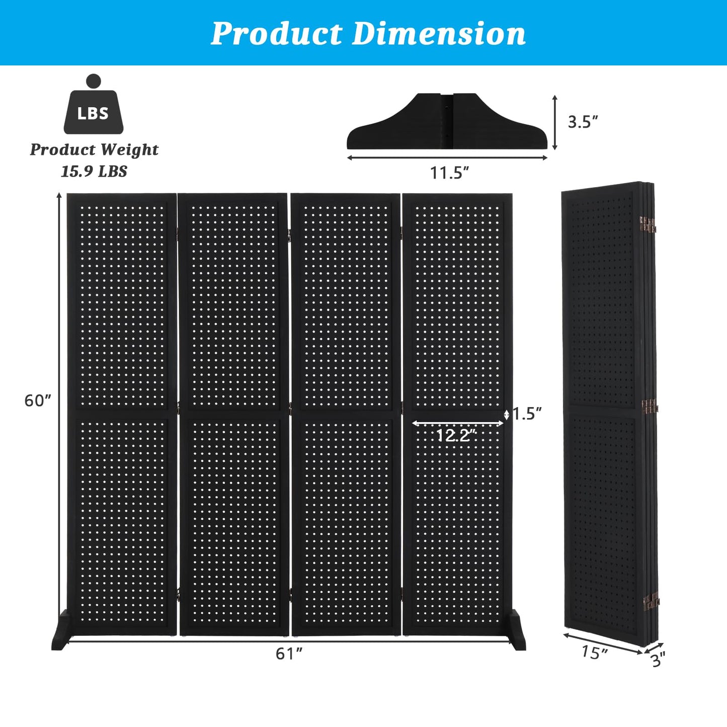 Bonnlo 4 Panel Pegboard Freestanding, 5 FT Portable Display Board Organizer for Craft Show Jewelry, Wooden Folding Privacy Screen Room Divider (with Base, Black)