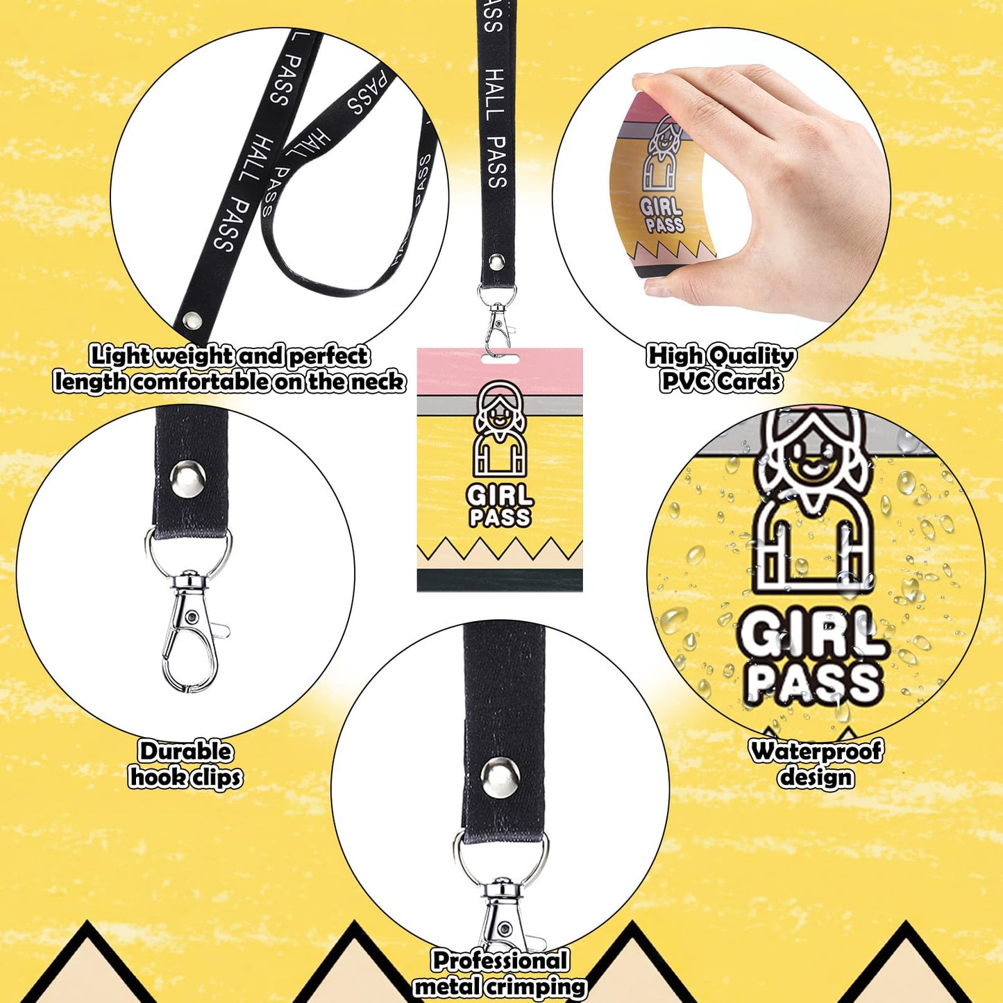 Fuyoooo 16 Set Pencil Hall Pass Lanyards Unbreakable PVC Composition Notebook Classroom Passes with Lanyards Bathroom Boy Girl Library Hall Office Nurse Pass 2.4 x 3.5