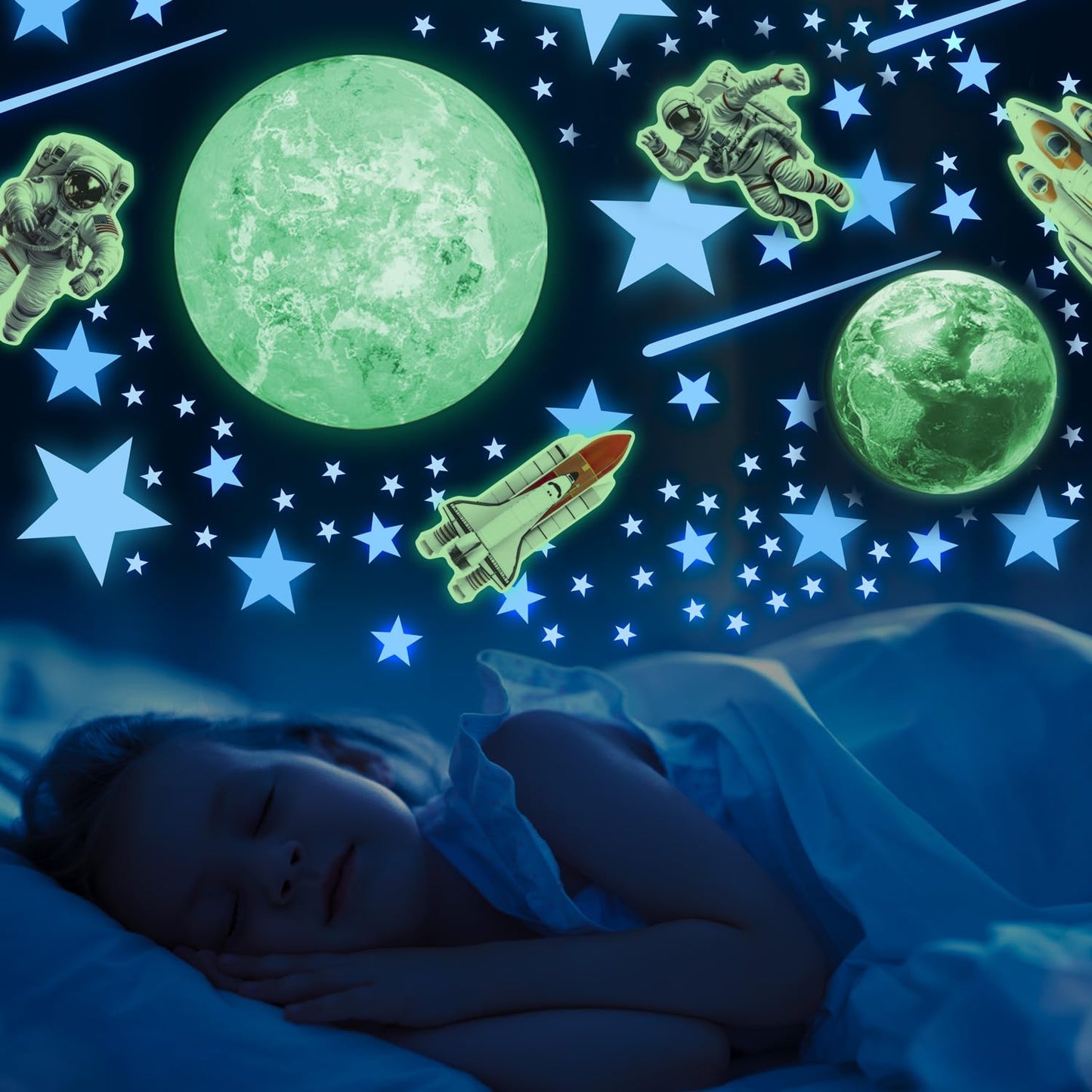 Glow in The Dark Stars and Planets, Bright Solar System Wall Stickers - USA Astronaut Spaceship, Ceiling Decals for Kids Bedroom Any Room, Shining Space Decoration, Birthday Gift for Boys and Girls