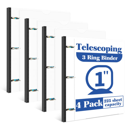 INFUN 1 Inch Telescoping 3 Ring Binder - 4PCS-White, Flexible Binders with Customizable Front Cover and Clear Catalog Pocket, 1Inch Rings, 225 Sheet Capacity