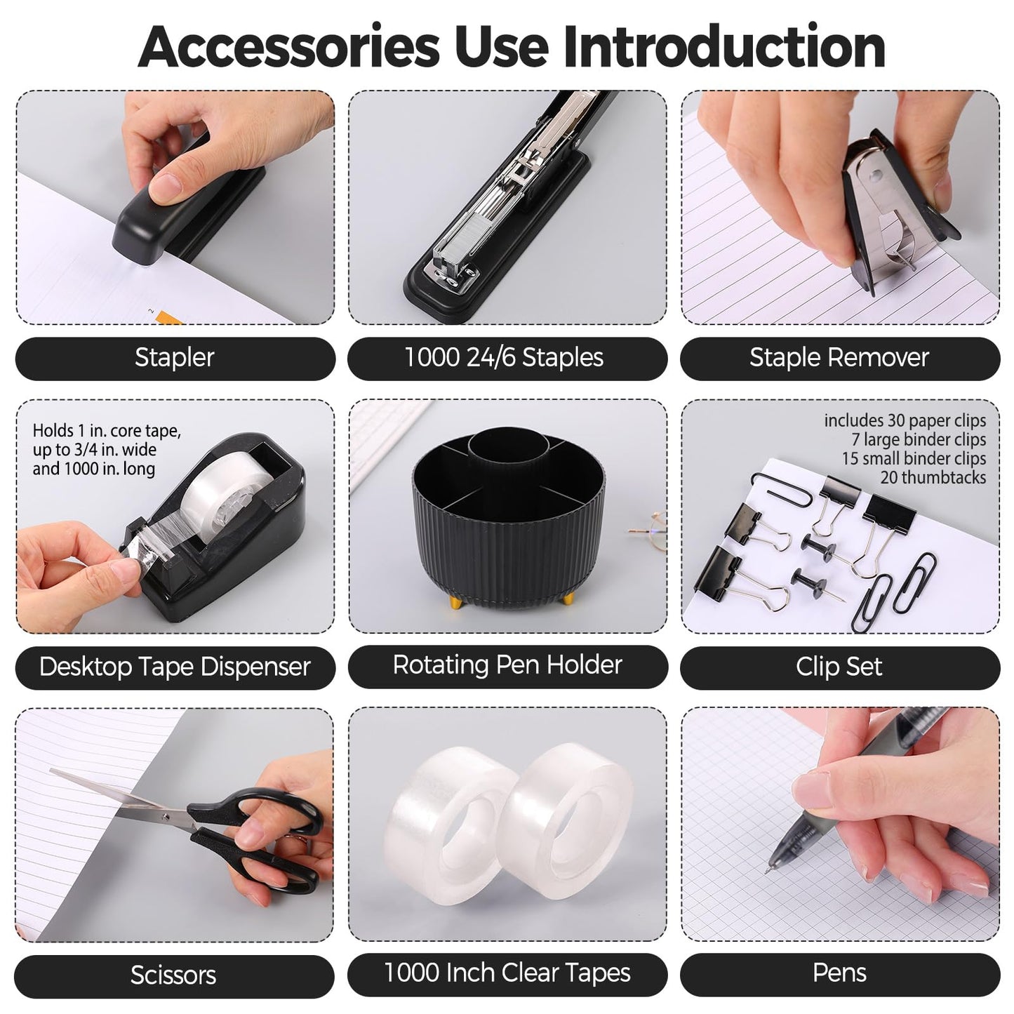 SKYDUE Black Office Supplies, Black Office Desk Accessories 10PCS, Pencil Holder for Desk, Stapler, Tape Dispenser, Scissors, Ruler, Clips and 1000pcs Staples, Desk Supplies Set