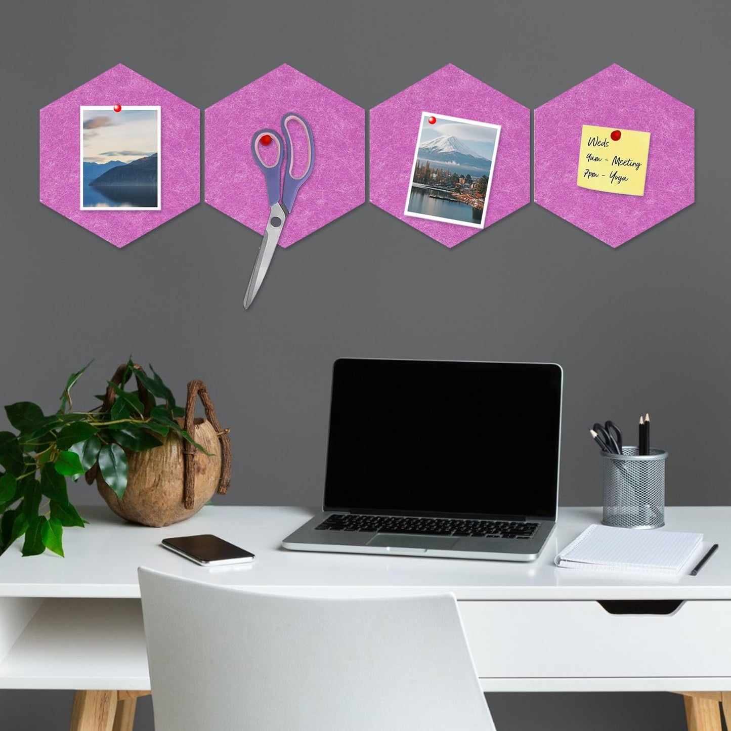 8 Packs Fuchsia Hexagon Felt Pin Board, 12" Bulletin Board with 30 Push Pins, Felt Board for Home Kitchen Office Decor, Self-Adhesive Corkboard Tiles for Walls Classroom Message Photos Memos Display