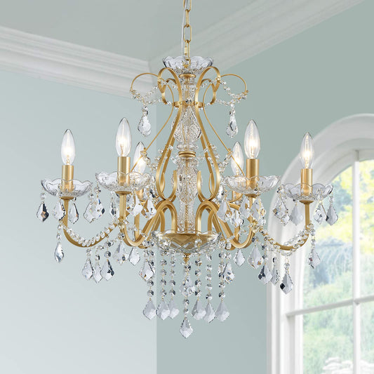 Bestier Gold Vintage Candle Chandelier Lighting Fixture for Dining Room, 6 E12 Bulbs Required, D24in x H26in