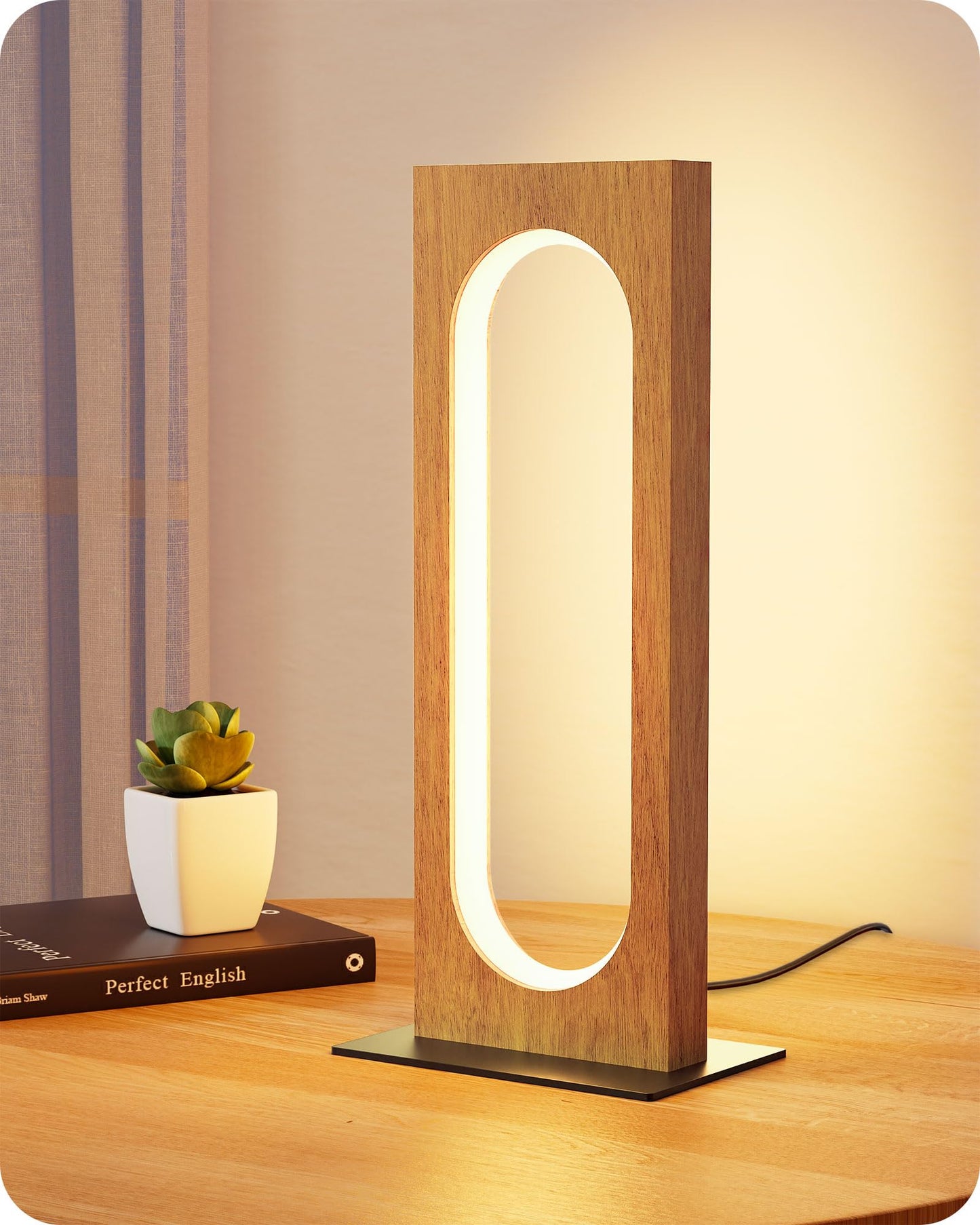 EDISHINE LED Table Lamp, Dimmable Touch Control, 13.58inx6.3inx14.17in, Dark Wood Color