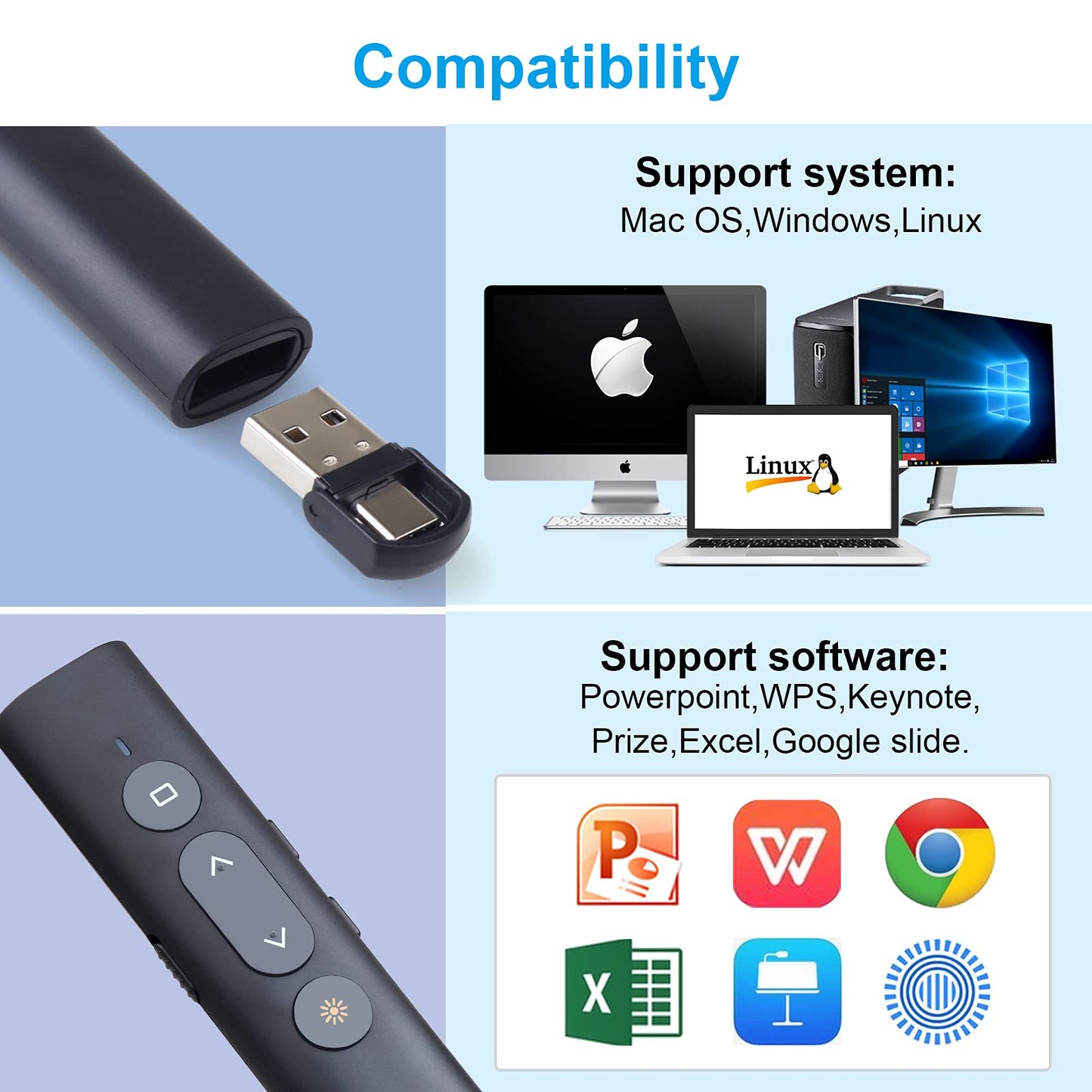 Presentation Clicker Presentation Remotes, Type C/USB A 2 in 1 Pointer, Remote PowerPoint Clicker,USB/Type-C for Computer Slide Advancer, Volume Control/Hyperlink/Switch Windows(Battery Included)